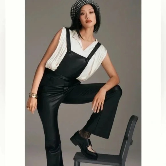 Maeve Anthropologie Black Faux Leather Retro Overalls - Picture 1 of 5